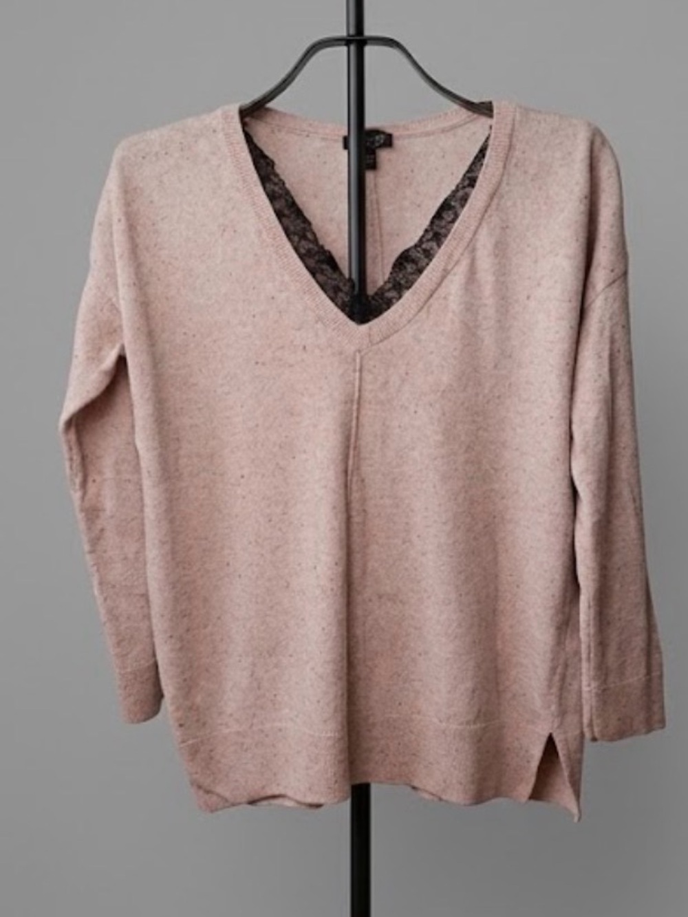 Topshop Blush Pink V-Neck Sweater with Black Lace Trim